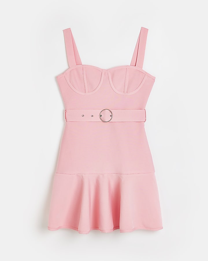 Pink belted mini skater dress