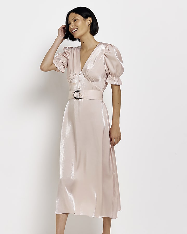 Pink belted puff sleeve midi dress
