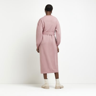 Pink belted sweatshirt midi dress
