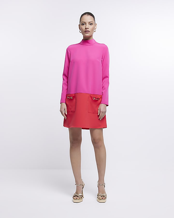 Pink block long sleeve shift mini dress