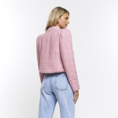 Pink boucle check blazer River Island