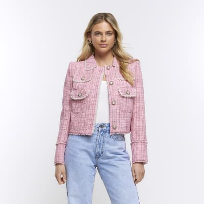 Pink boucle check blazer | River Island