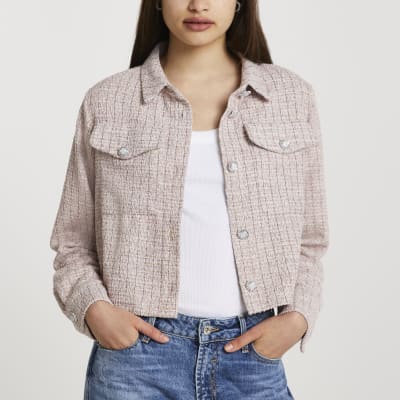 Pink boucle check crop shacket River Island