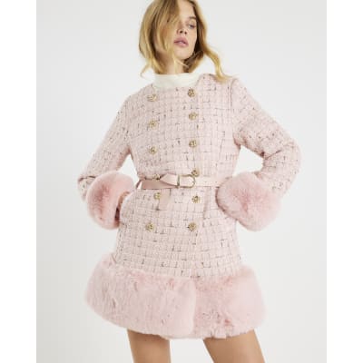 Pink Boucle Collarless Swing Fur Trim Coat