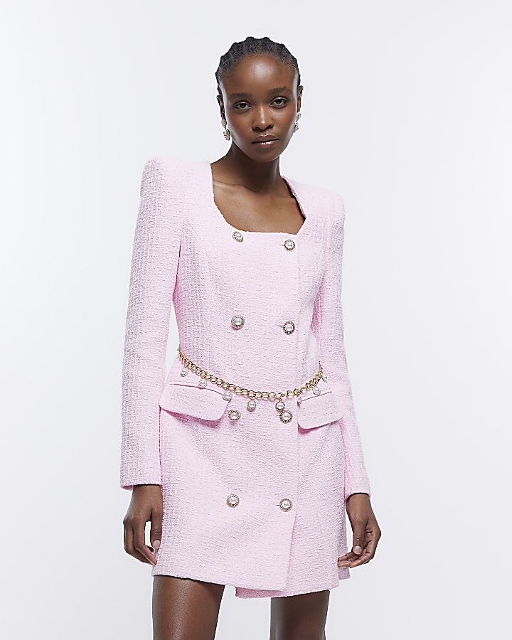 Pink boucle long sleeve blazer dress