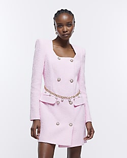 Pink boucle long sleeve blazer mini dress