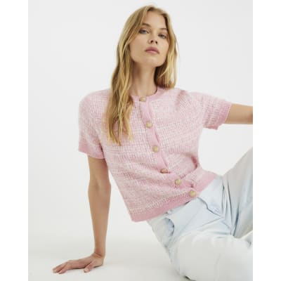 Pink Boucle Short Sleeve Cardigan