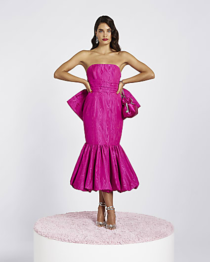 Pink bow bandeau bodycon midi dress