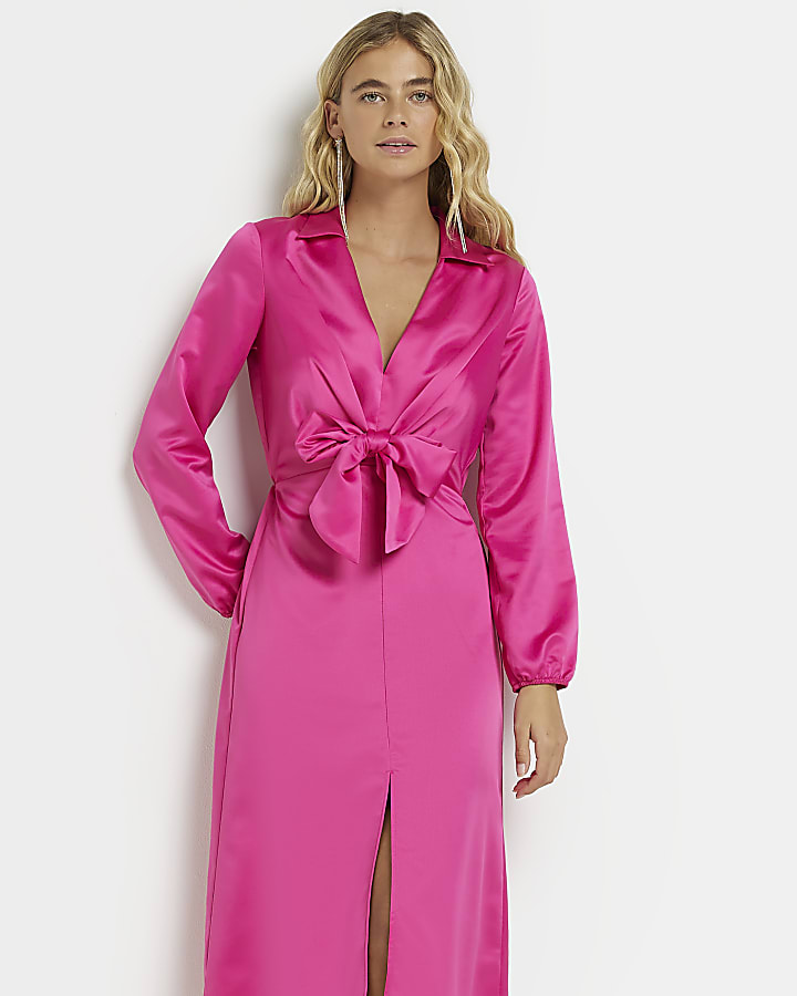 Pink bow detail midi shirt dress