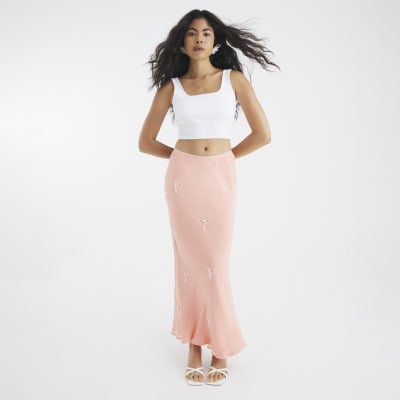 Pink Bow Embellished Satin Midi Skirt