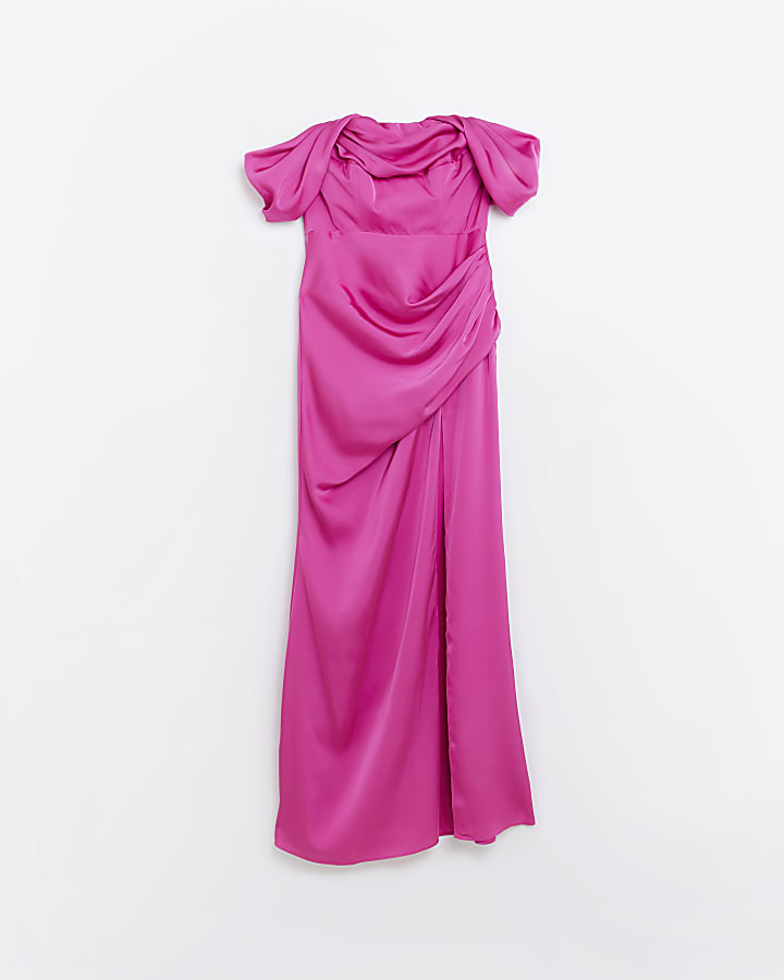 Pink Bridesmaid Bardot Maxi Dress