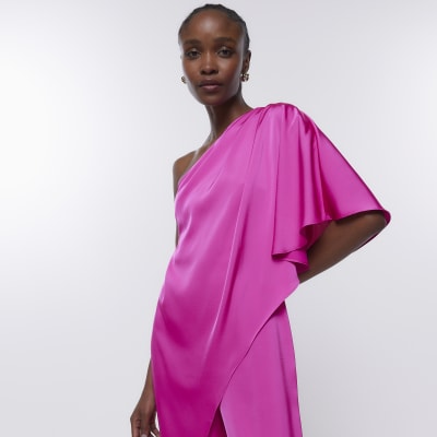 Pink Bridesmaid Drape Shoulder Jumpsuit