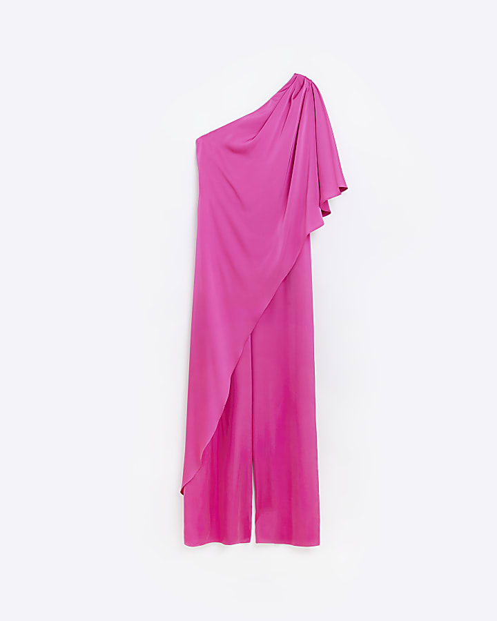 Pink Bridesmaid Drape Shoulder Jumpsuit