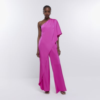 Pink Bridesmaid Drape Shoulder Jumpsuit