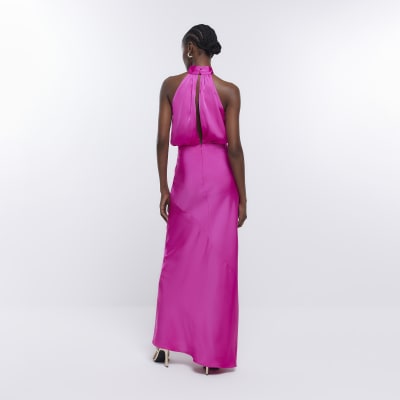 Pink Bridesmaid Halter Maxi Dress
