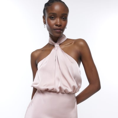 Pink Bridesmaid Halter Maxi Dress