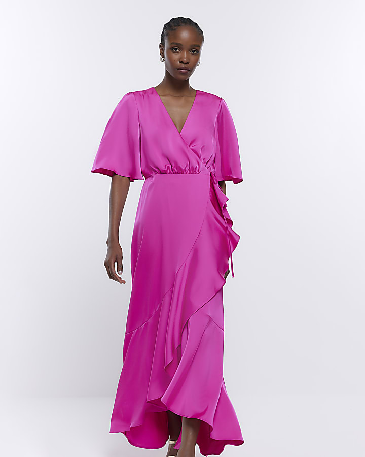 Pink Bridesmaid Waterfall Wrap Maxi Dress
