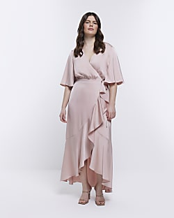 Pink Bridesmaid Waterfall Wrap Maxi Dress
