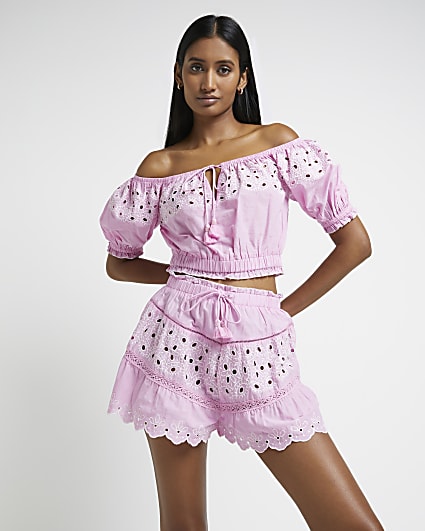 Pink broderie bardot cropped top