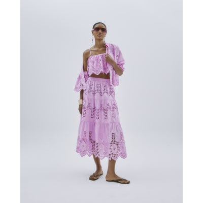 Pink Broderie Cutwork Midi Skirt