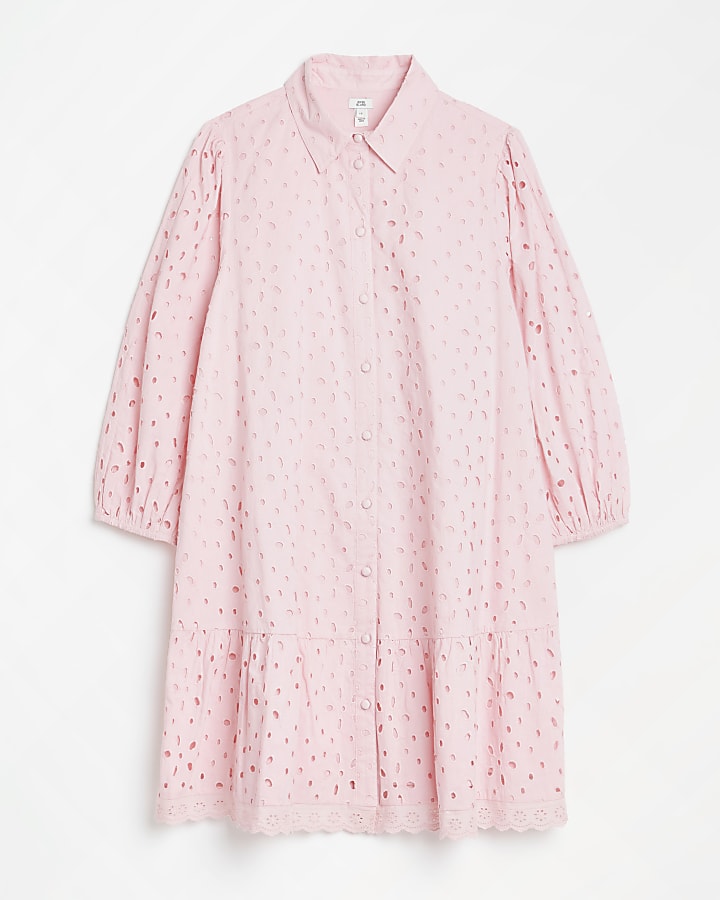 Pink broderie long sleeve mini shirt dress