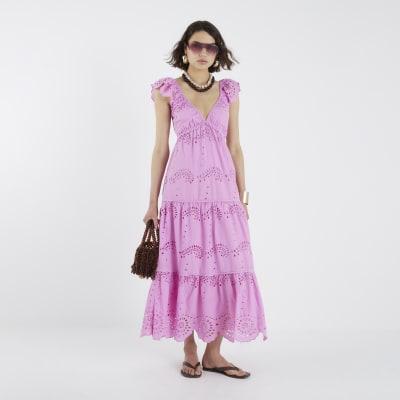 Pink Broderie Midi Dress