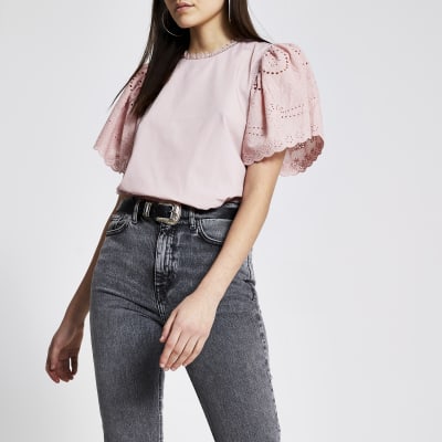 Pink broderie short sleeve studded top