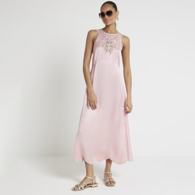 Pink broderie slip midi dress River Island