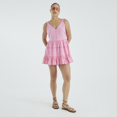 Pink Broderie Tiered Beach Mini Dress