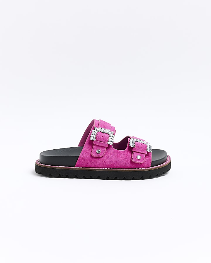 Pink buckle flat sandals