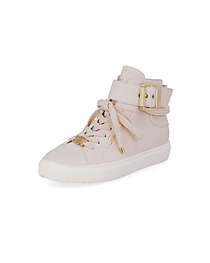 360 degree animation of product Pink buckle strap high top trainers frame-0