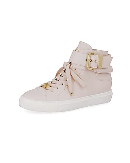 360 degree animation of product Pink buckle strap high top trainers frame-1