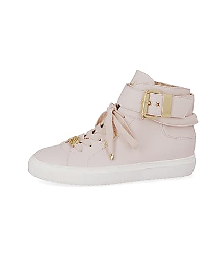 360 degree animation of product Pink buckle strap high top trainers frame-2