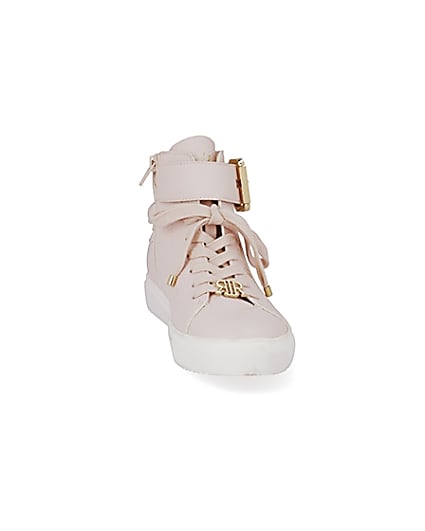 360 degree animation of product Pink buckle strap high top trainers frame-20