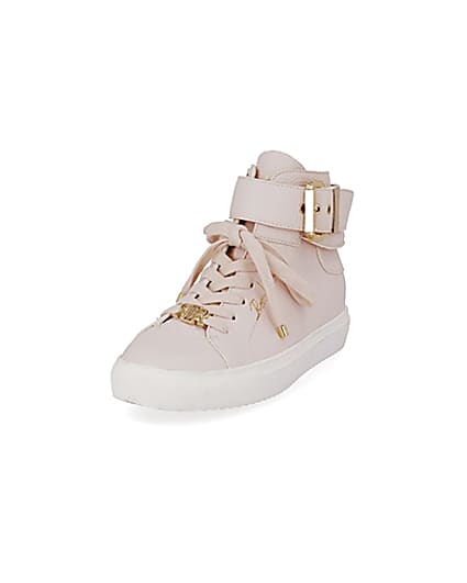 360 degree animation of product Pink buckle strap high top trainers frame-23