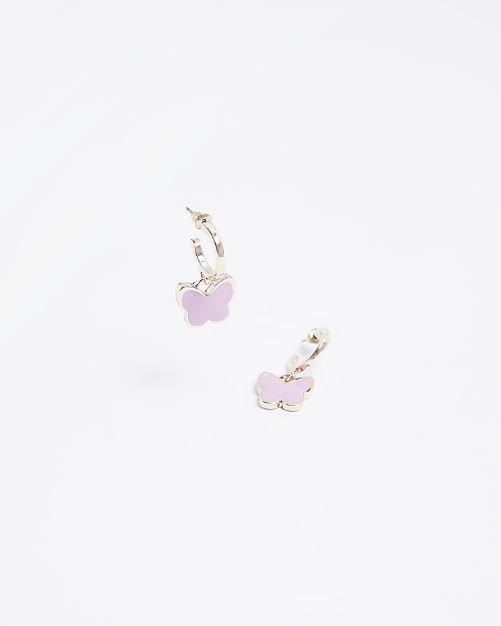 Pink butterfly drop hoop earrings