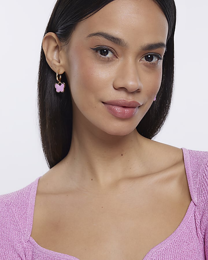 Pink butterfly drop hoop earrings