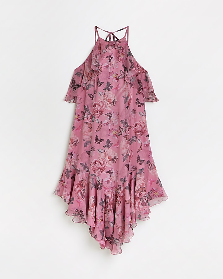 Pink butterfly print shift midi dress