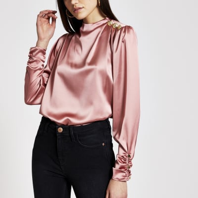 Pink button shoulder satin blouse | River Island