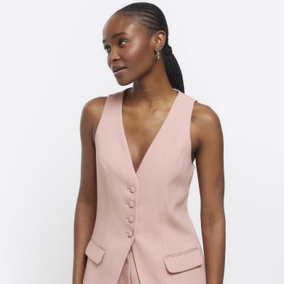 Pink Button Up Longline Waistcoat River Island