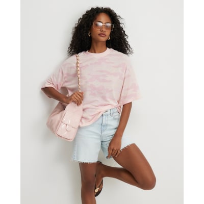 Pink Camouflage Print Linen Blend T-shirt