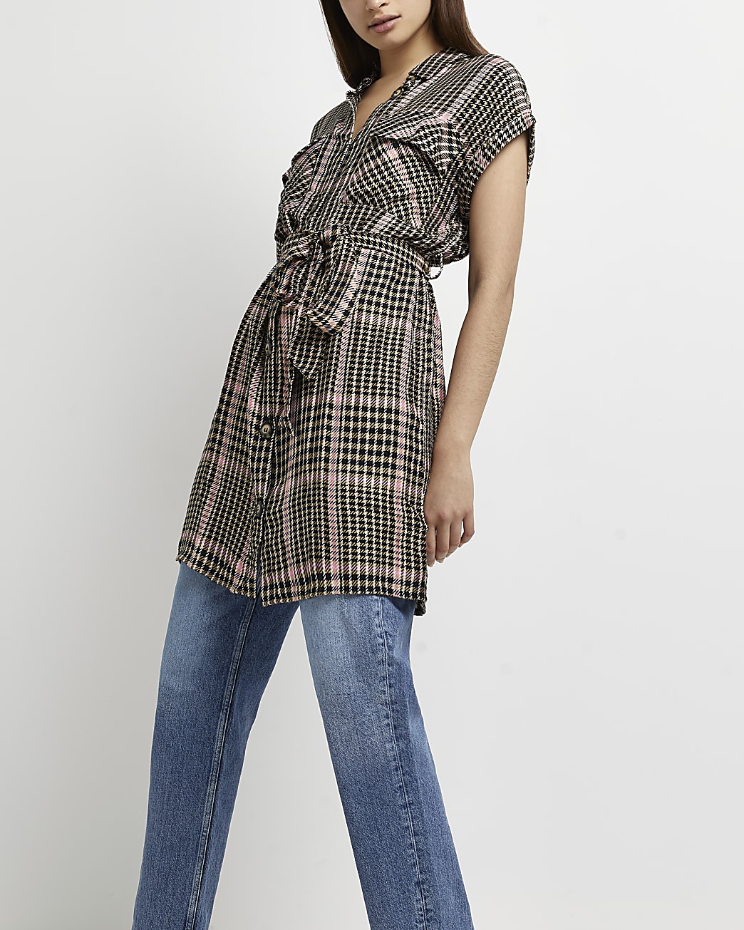Pink check belted shirt