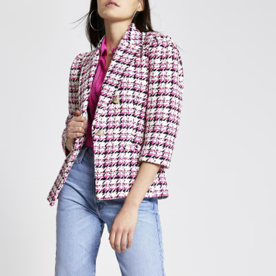 Pink check boucle puff sleeve blazer | River Island