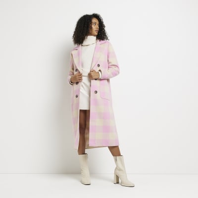 Pink check double breasted longline coat