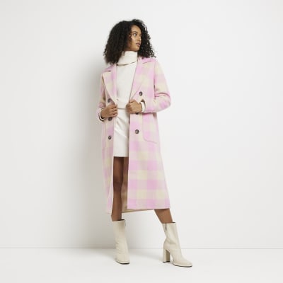 Pink check double breasted longline coat | River Island