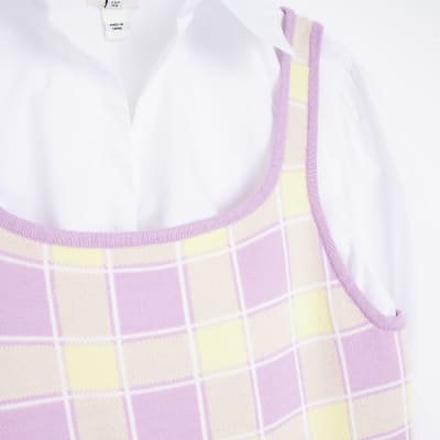 Pink check knit mini jumper shirt dress