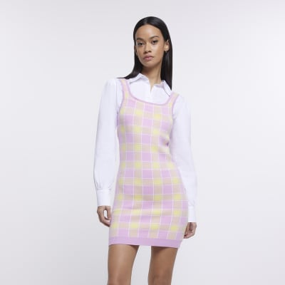 Pink check knit mini jumper shirt dress River Island
