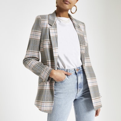 Pink check open front blazer
