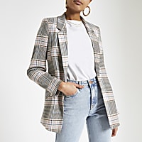 Pink check open front blazer