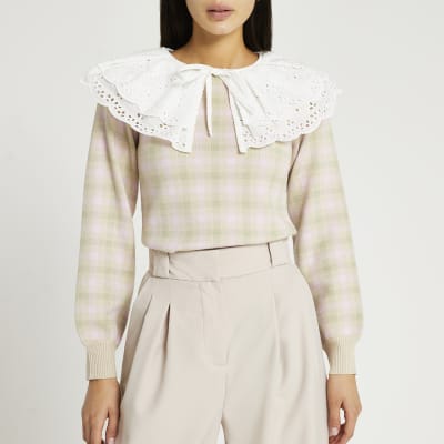 Pink check oversized collar jumper